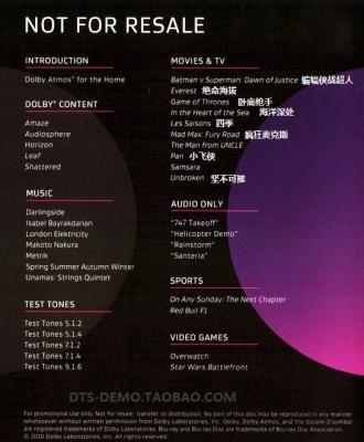 杜比全景声演示碟2016 DOLBY ATMOS BLU-RAY DEMO DISC（2016） 